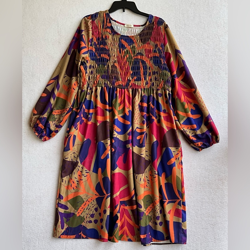 Cotton Bleu Floral Abstract Print Smocked Bust Round Neckline Size 1X